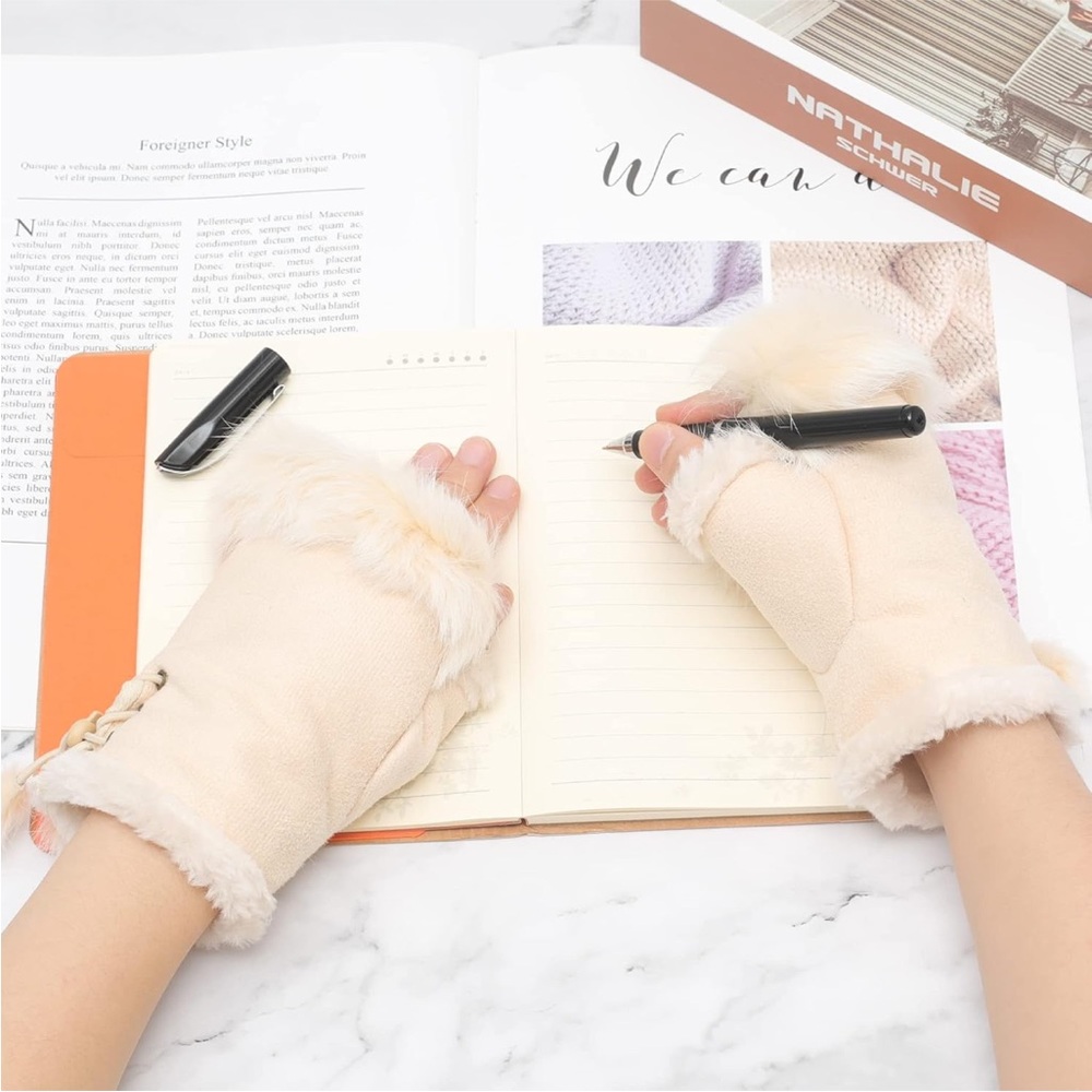 Beige Fingerless Gloves with Fur